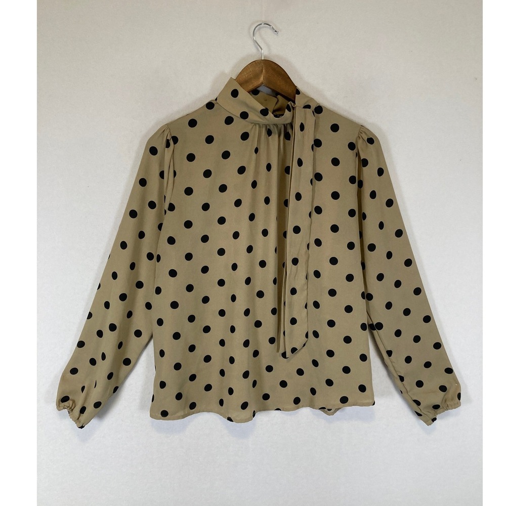 Retro Chic CURE. Women Large Tan Black Polka Dot High Neck Tie Blouse M4-2924‎